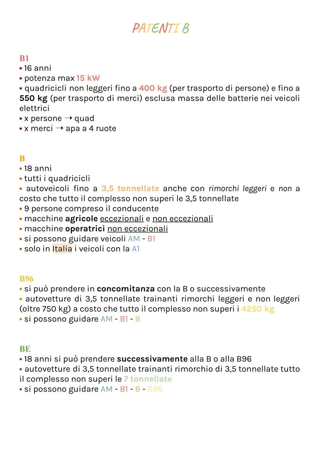 # PATENTI B
B1
• 16 anni
• potenza max 15 kW
• quadricicli non leggeri fino a 400 kg (per trasporto di persone) e fino a
550 kg (per tra